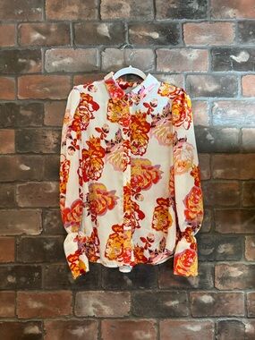 Floral Button-Up Blouse in White, Pink & Orange